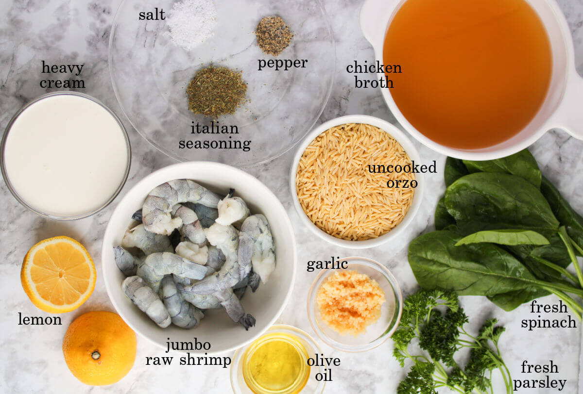 Ingredients for lemon garlic shrimp orzo.