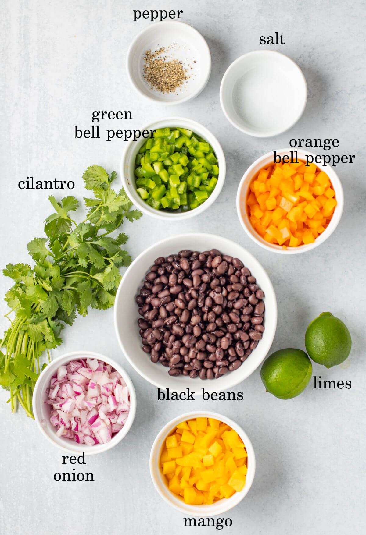 Ingredients for mango black bean salsa in small bowls.