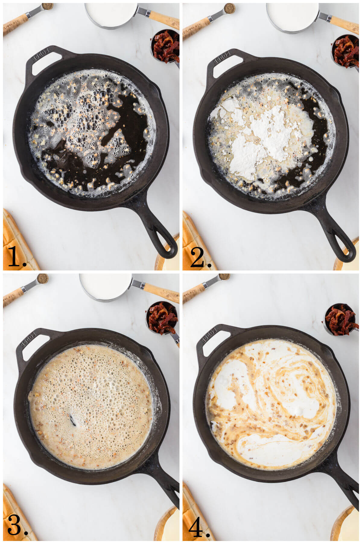 Collage of four photos showing steps 1-4 for how to make marry me chicken sliders.