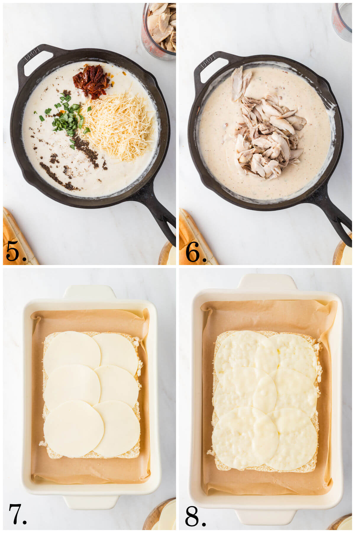 Collage of four photos showing steps 5-8 for how to make marry me chicken sliders.