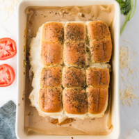 Marry me chicken sliders in a baking dish after baking.