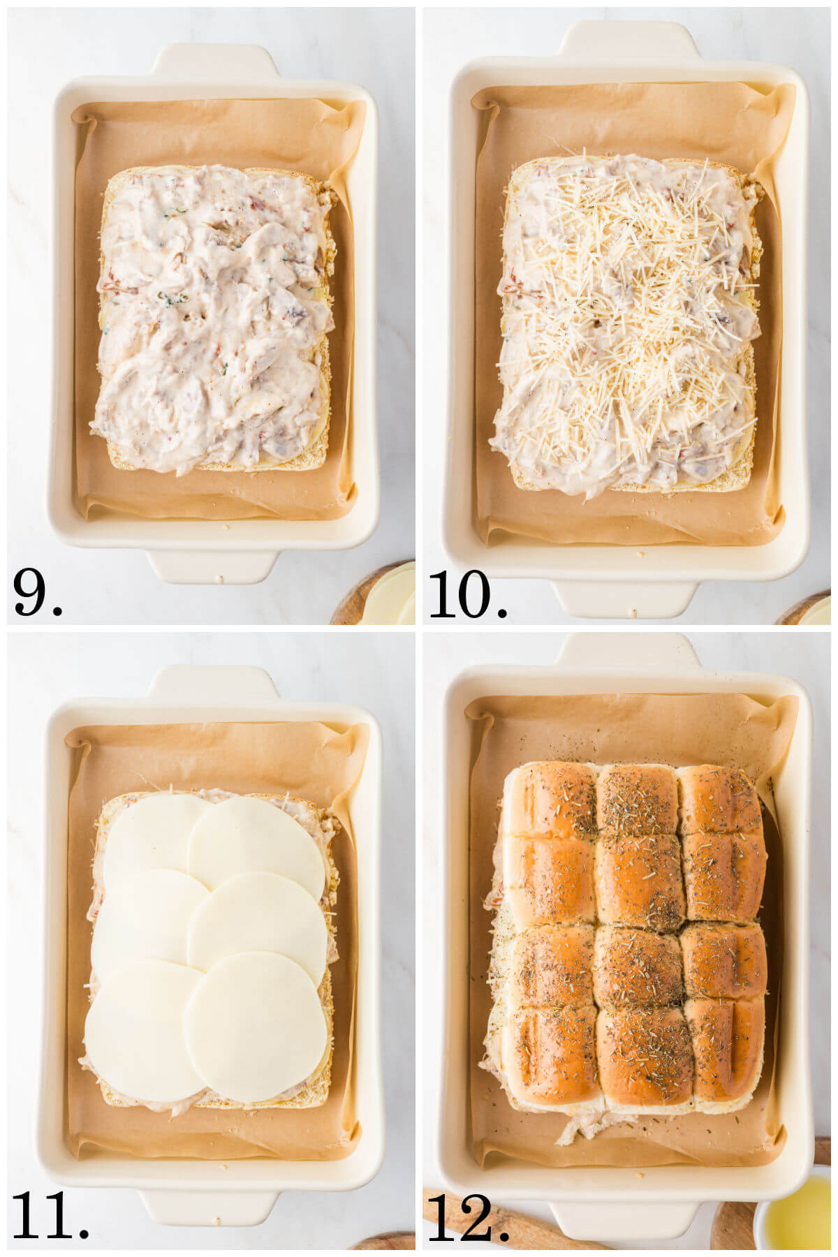 Collage of four photos showing steps 9-12 for how to make marry me chicken sliders.
