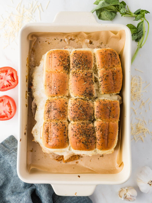 Marry me chicken sliders in a baking dish after baking.