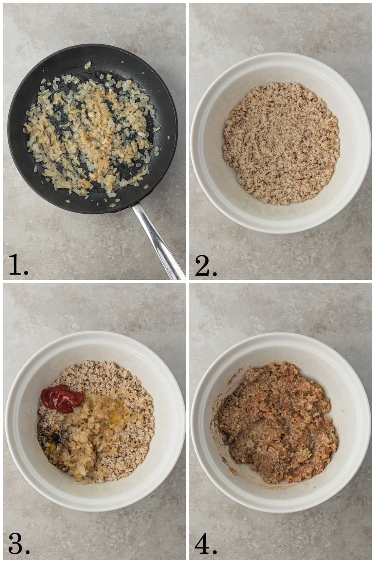 Collage of four photos showing steps 1-4 for how to make glazed meatloaf.