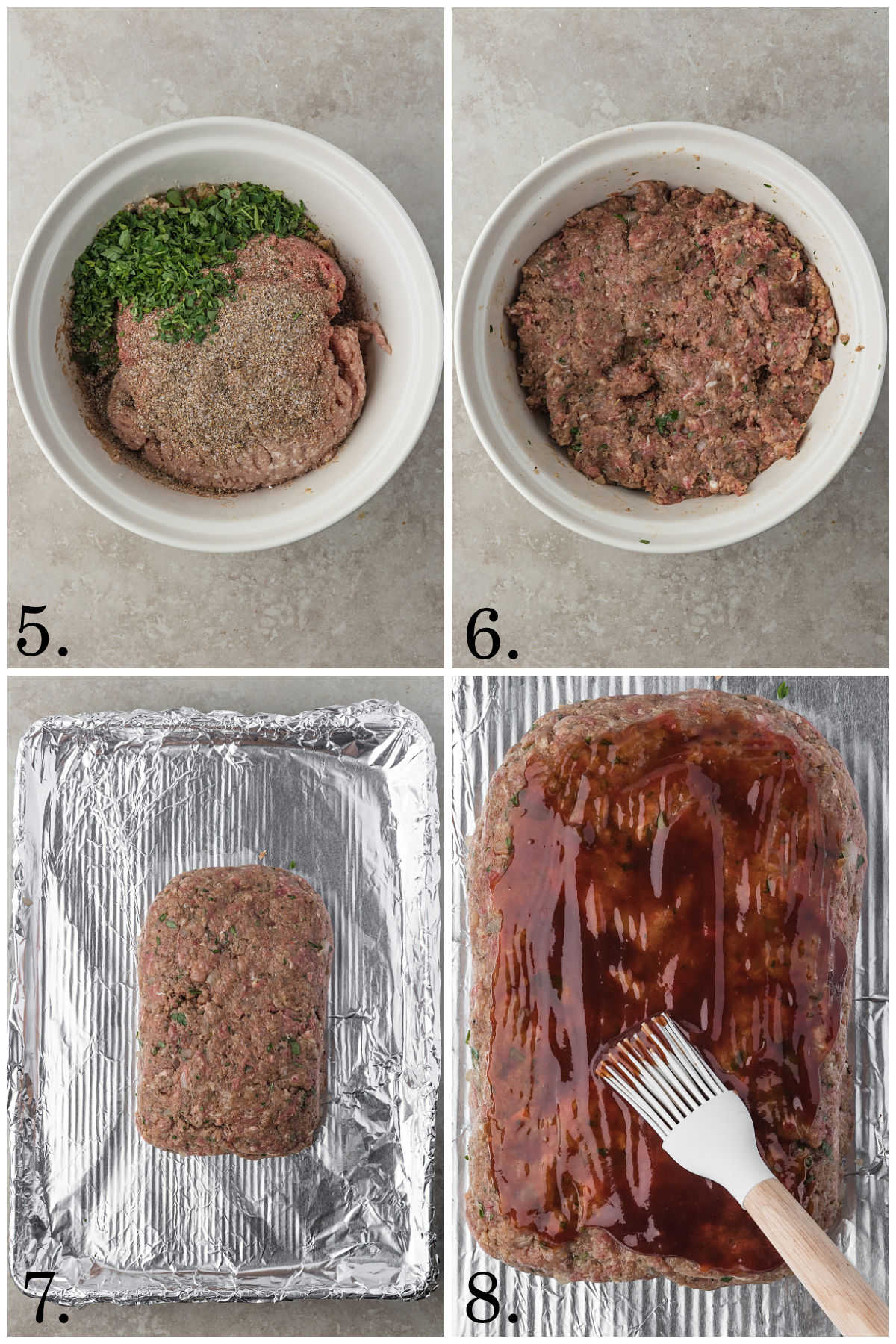 Collage of four photos showing steps 5-8 for how to make glazed meatloaf.