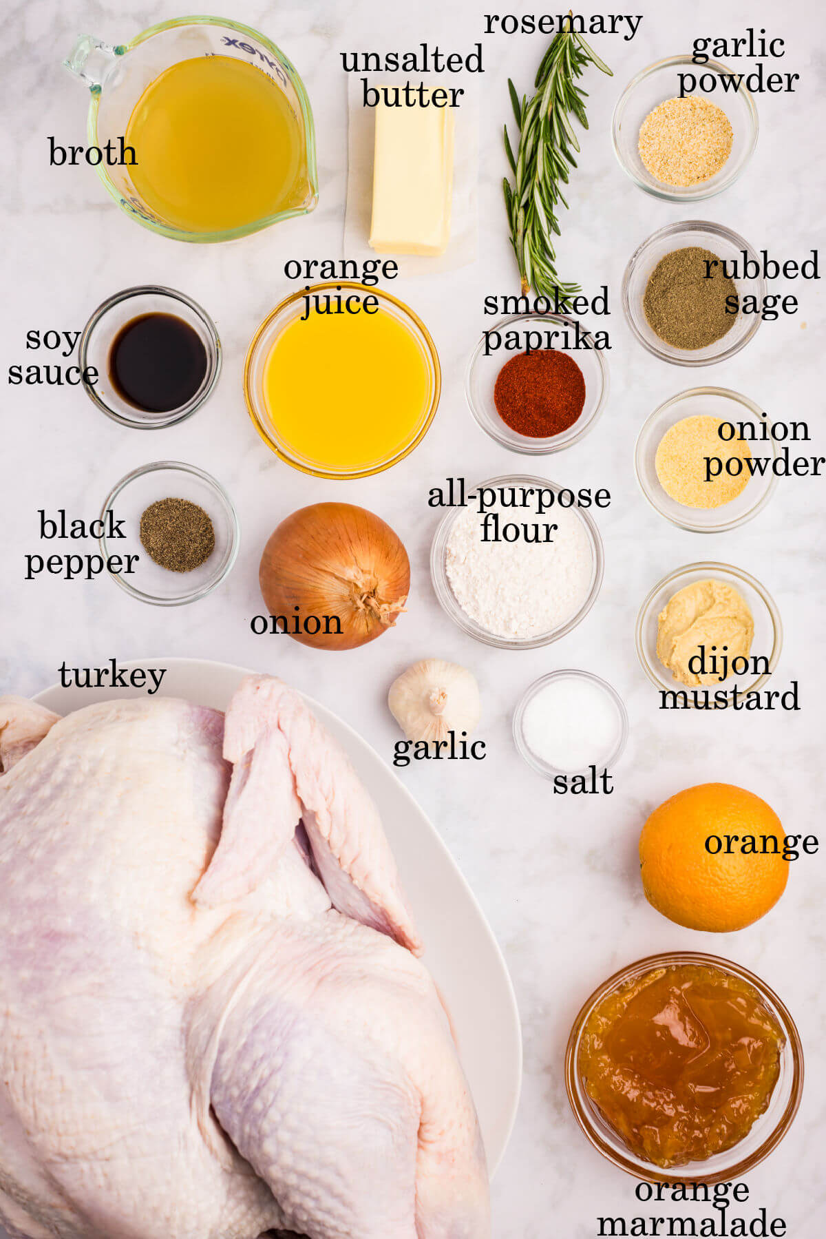 Ingredients for orange glazed turkey in small bowls with text overlay labeling each ingredient.