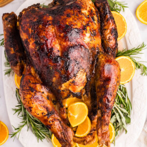 Orange glazed turkey on a white platter surrounded by herbs and orange slices.