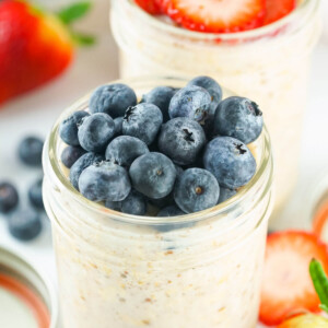 Lactation overnight oats in glass mason jars.
