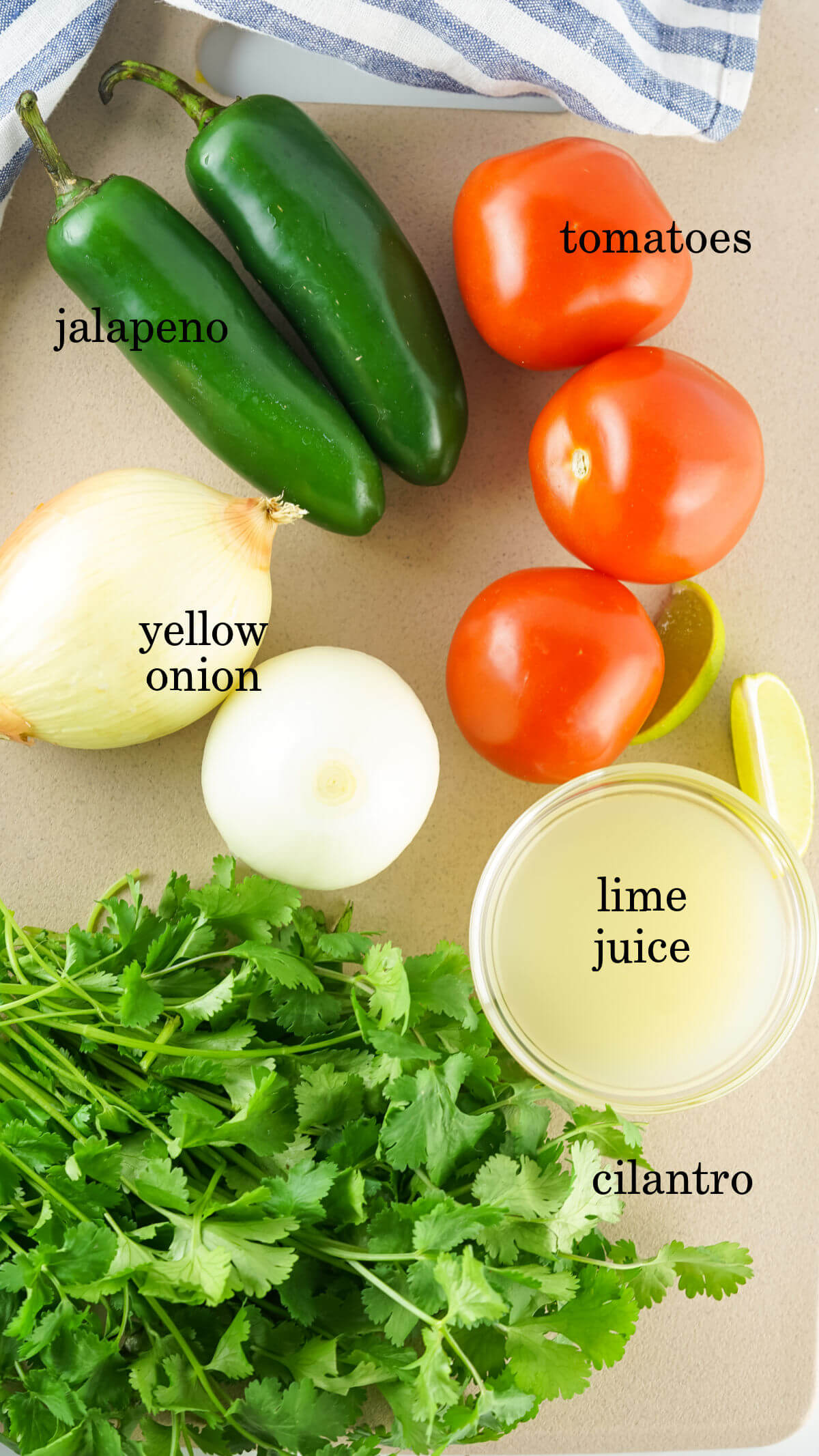 Ingredients for making homemade pico de gallo on a cutting board with text overlay labeling each ingredient.
