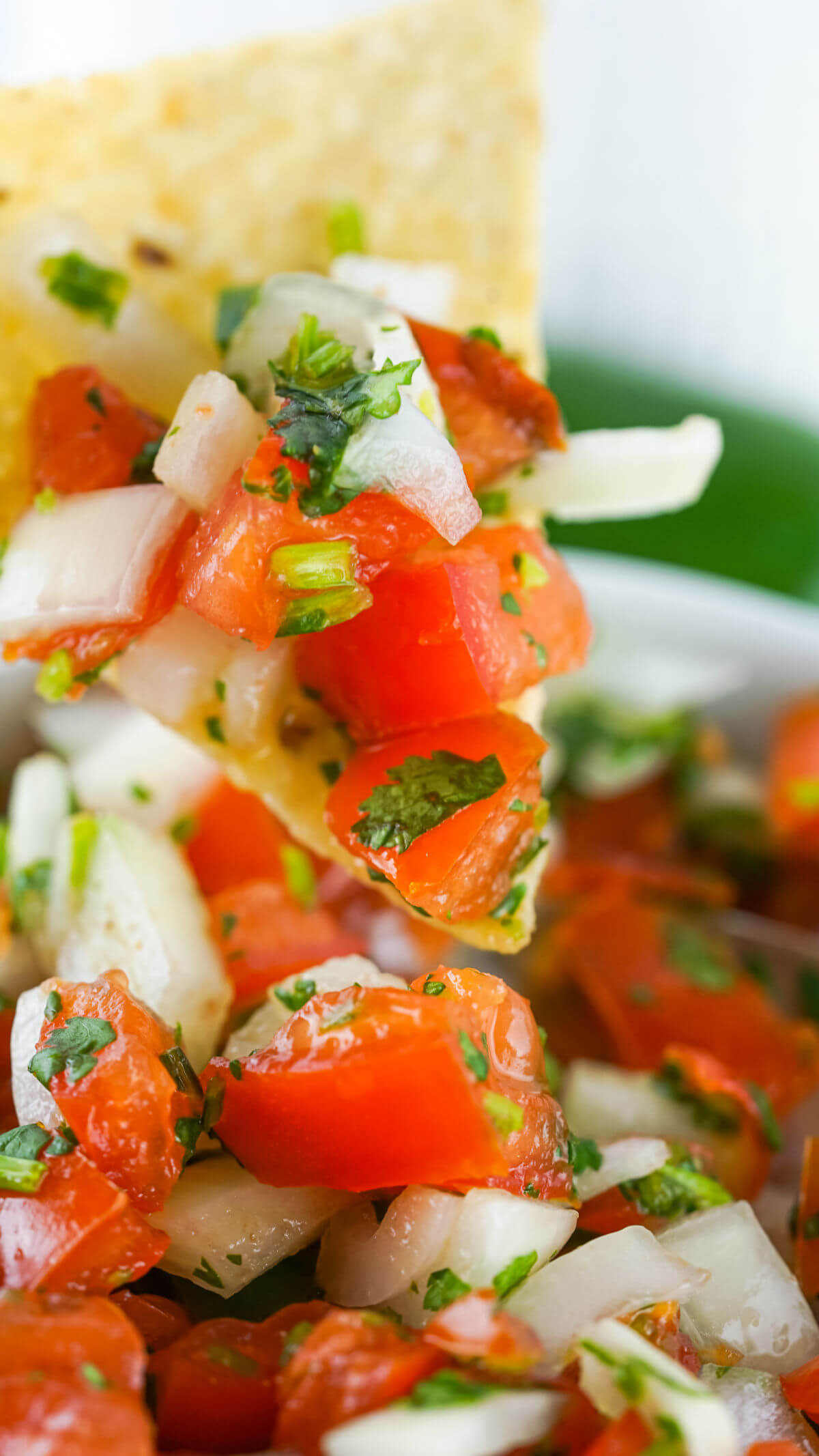 Homemade Pico de Gallo on a tortilla chip.