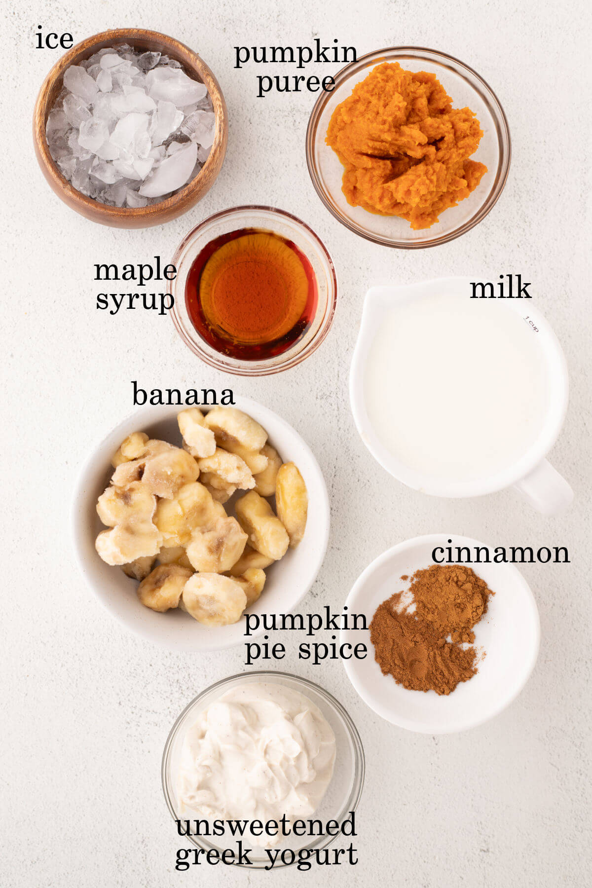 Pumpkin smoothie ingredients with text overlay labeling each ingredient.