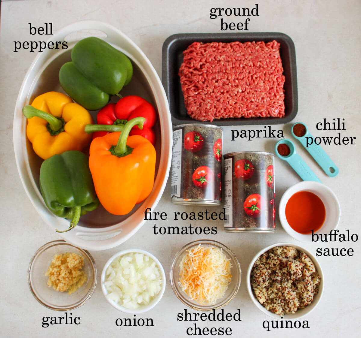 Ingredients for quinoa stuffed peppers.