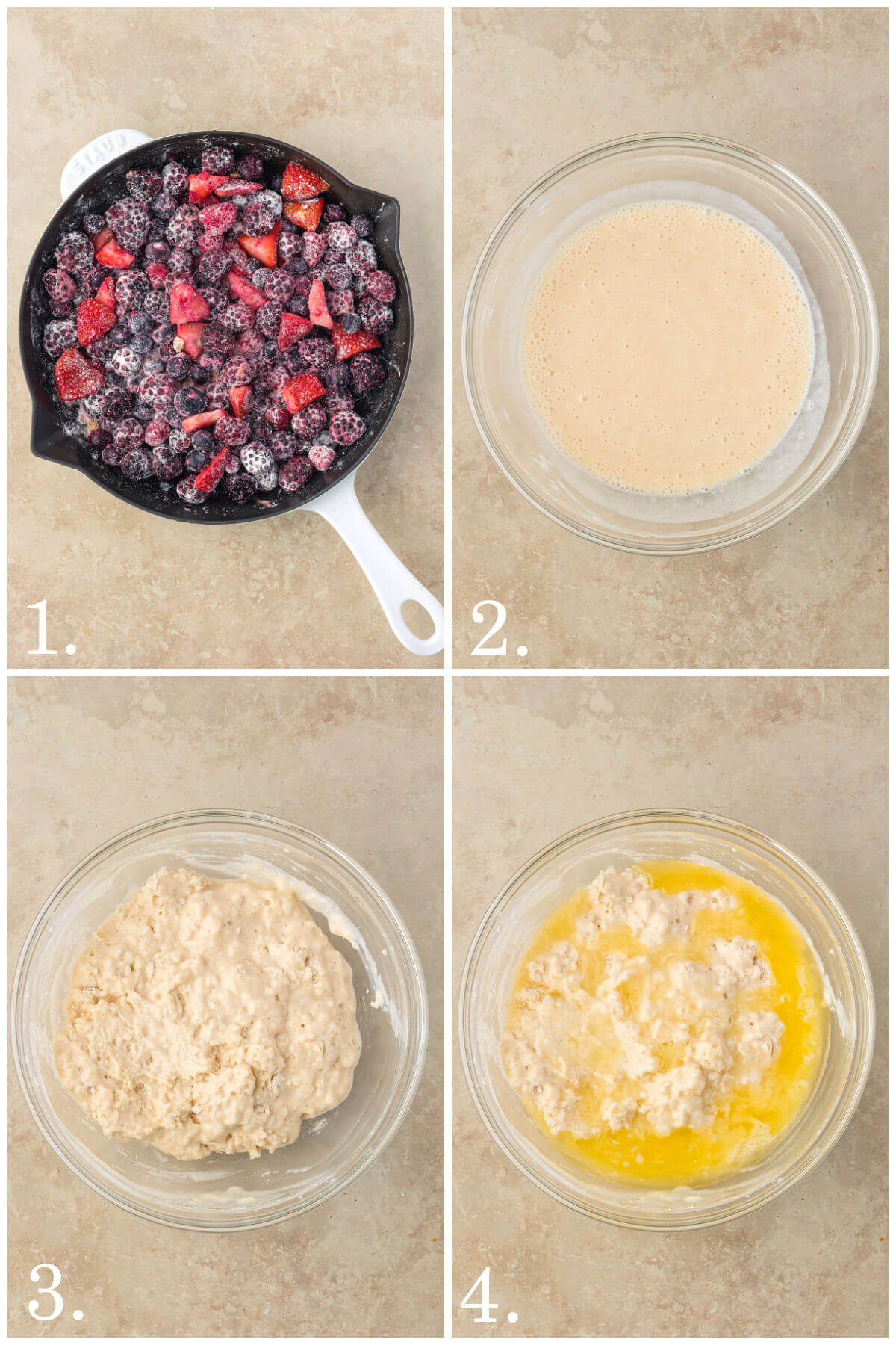 Collage of four photos showing steps 1-4 for how to make sourdough mixed berry cobbler.