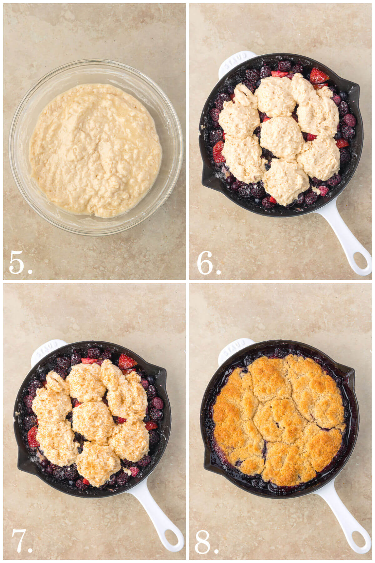 Collage of four photos showing steps 5-8 for how to make sourdough mixed berry cobbler.