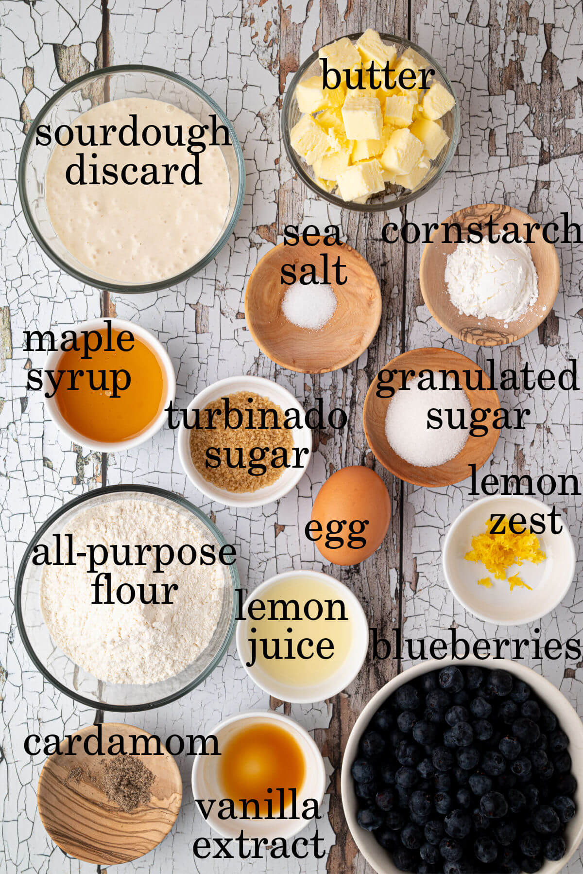 Ingredients for blueberry sourdough galette recipe.