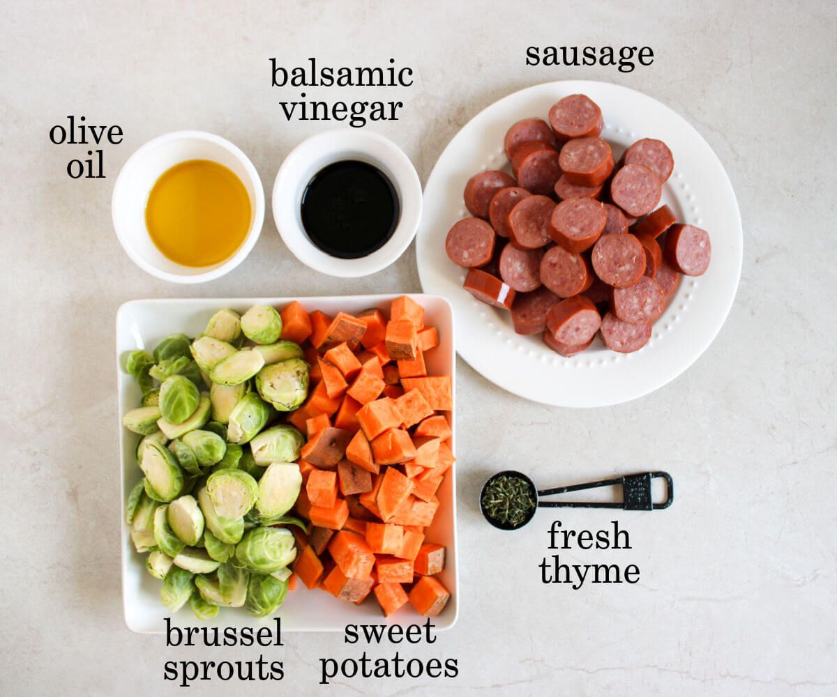 Sheet pan sausage and veggies ingredients.