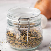 A closed jar of everything bagel seasoning made at home.