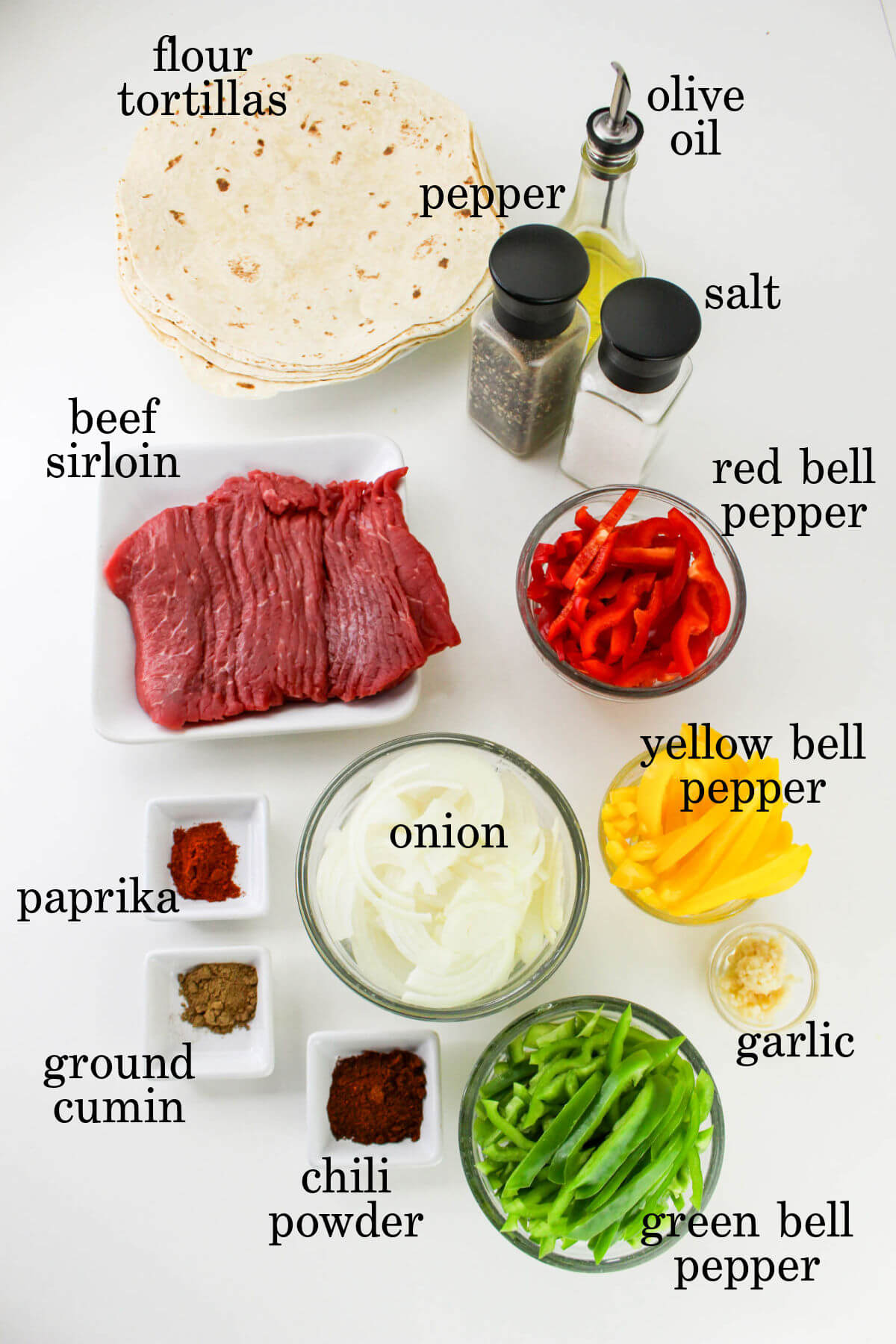 Ingredients for sheet pan beef fajitas.