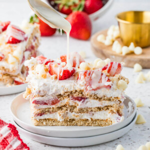Strawberry icebox cake on a serving plate.
