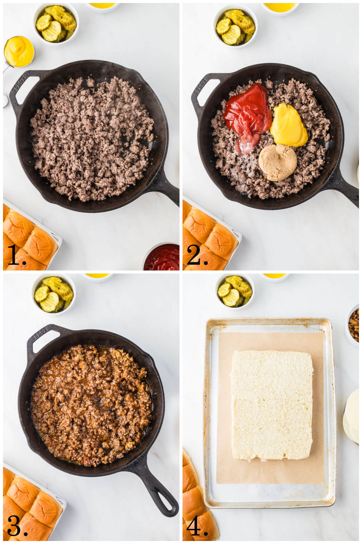 Collage of four photos showing steps 1-4 for how to make sloppy joe sliders.