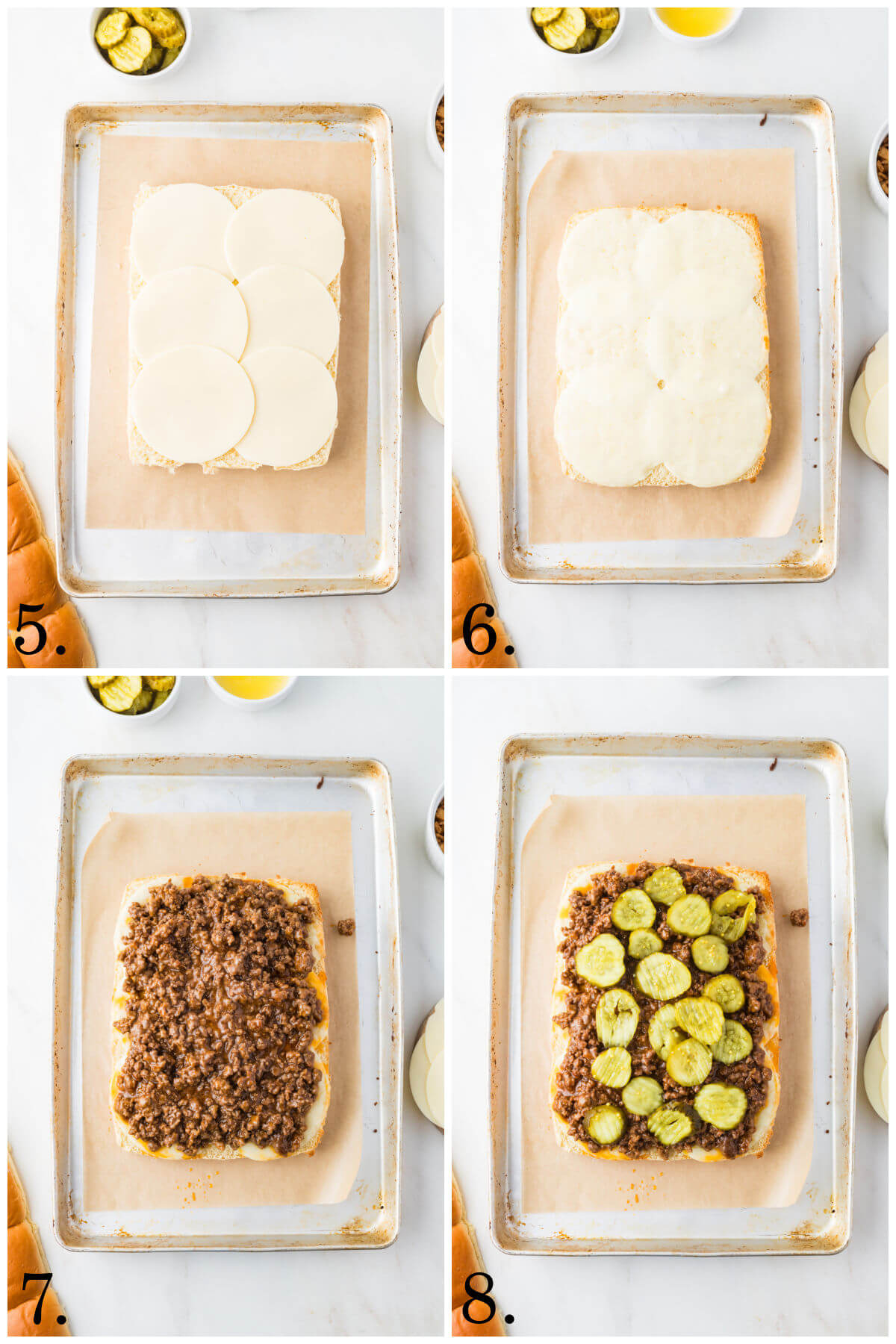 Collage of four photos showing steps 5-8 for how to make sloppy joe sliders.