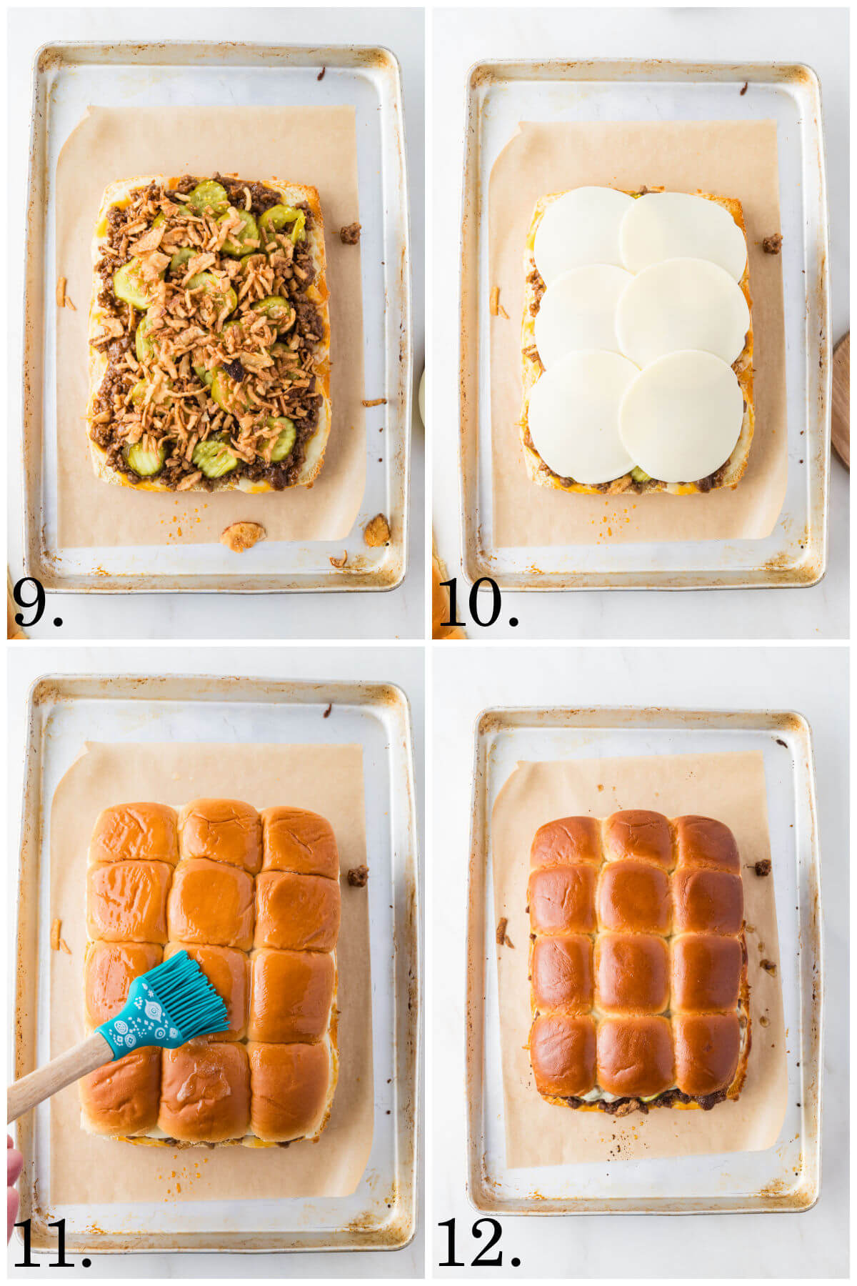 Collage of four photos showing steps 9-12 for how to make sloppy joe sliders.