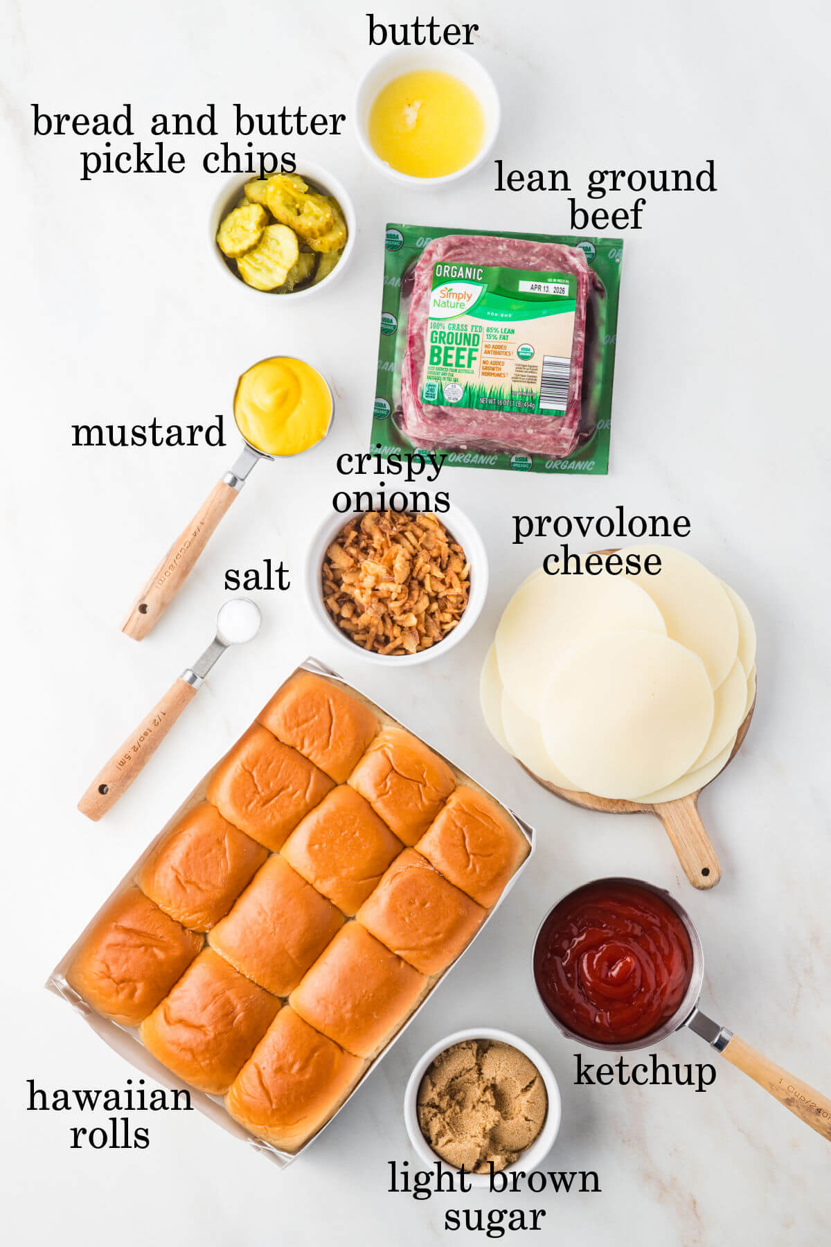 Ingredients for sloppy joe sliders with text overlay labeling each ingredient.