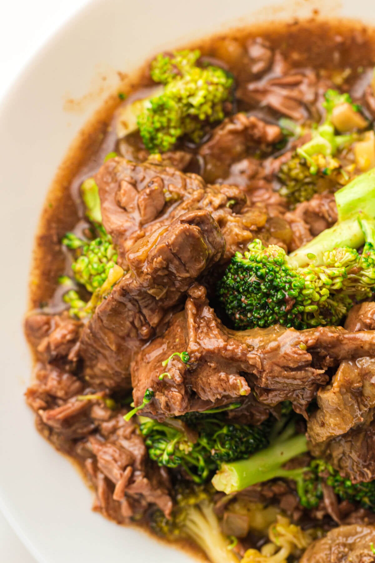 Slow cooker beef and broccoli in a bowl.