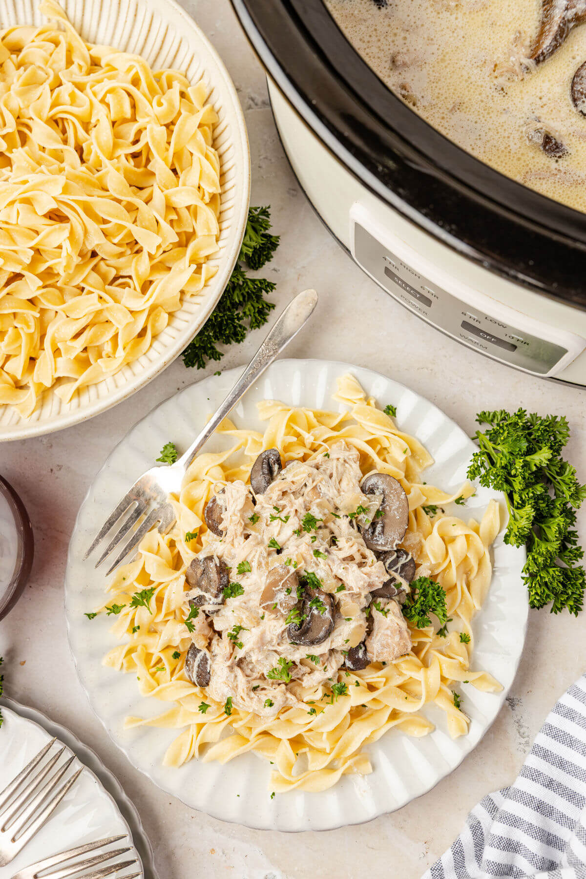 A plate of slow cooker chicken stroganoff next to a crock pot.