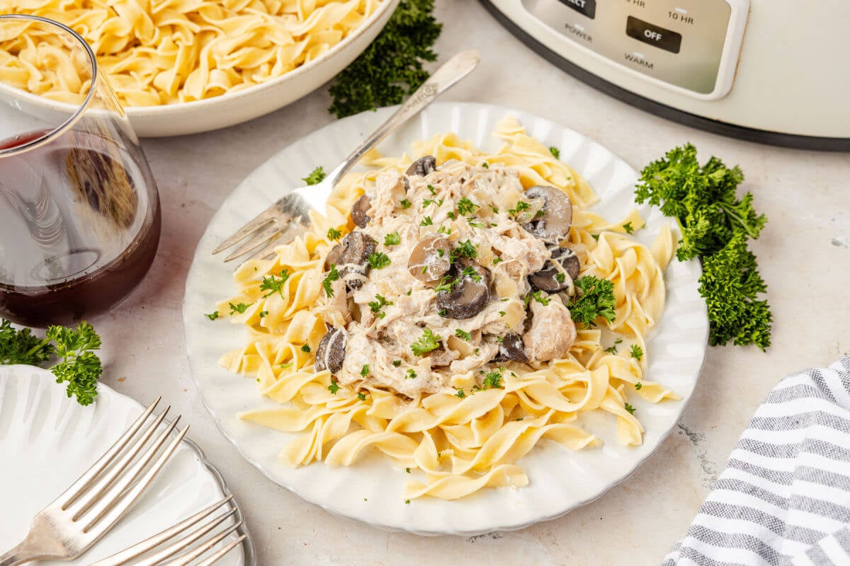 Slow cooker chicken stroganoff on a serving plate.