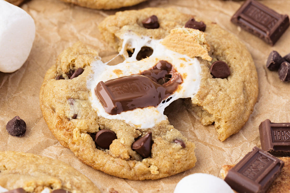 Sourdough s'mores cookie on a piece of parchment paper.