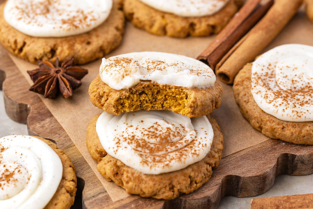 Sourdough pumpkin cookies with cream cheese frosting and cinnamon.