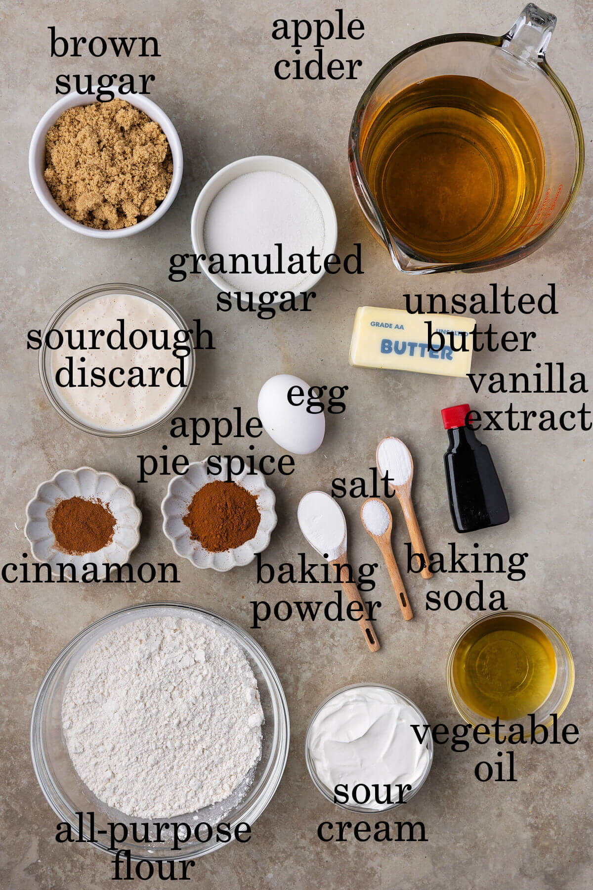 Ingredients for sourdough apple cider donuts.