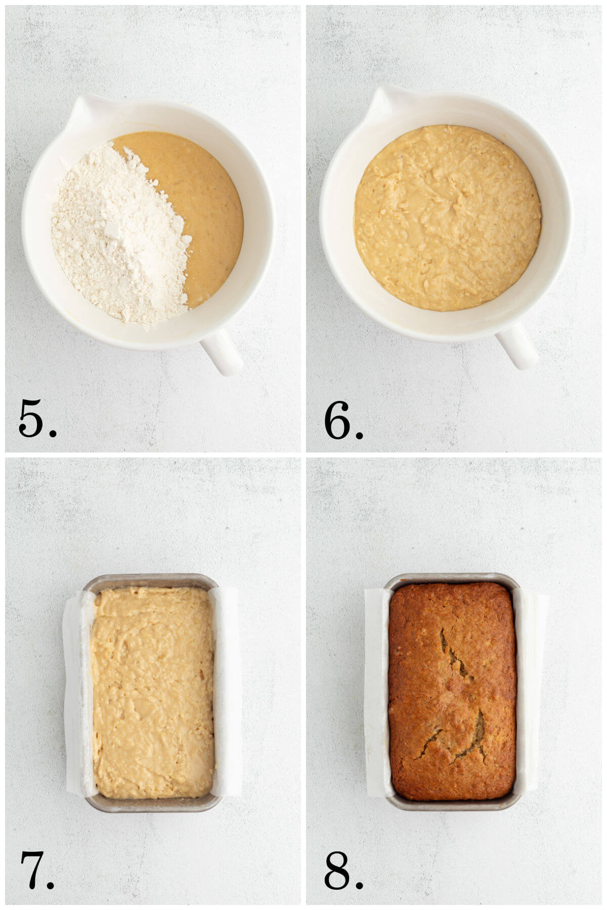 Collage of four photos showing steps 5-8 of how to make this sourdough banana bread recipe.