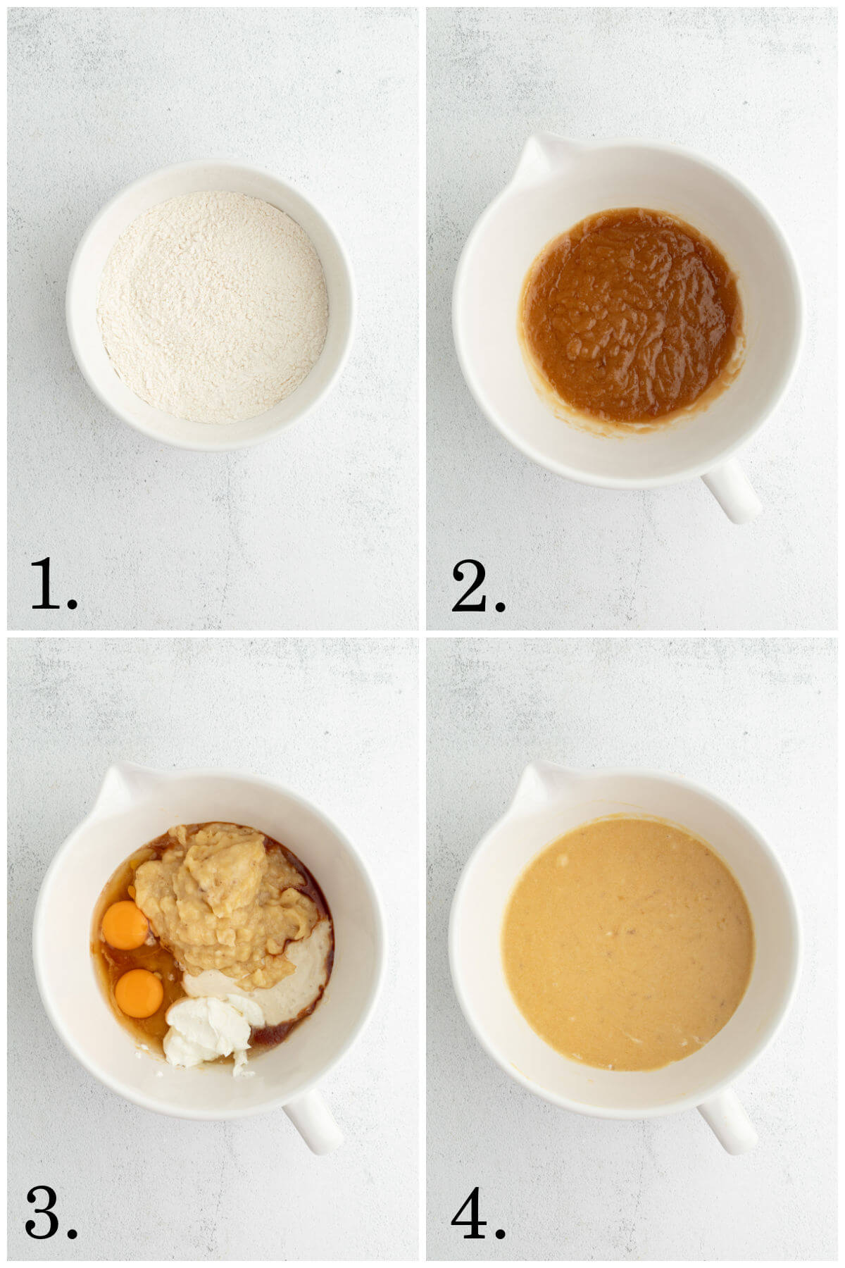 Collage of four photos showing steps 1-4 of how to make this sourdough banana bread recipe.