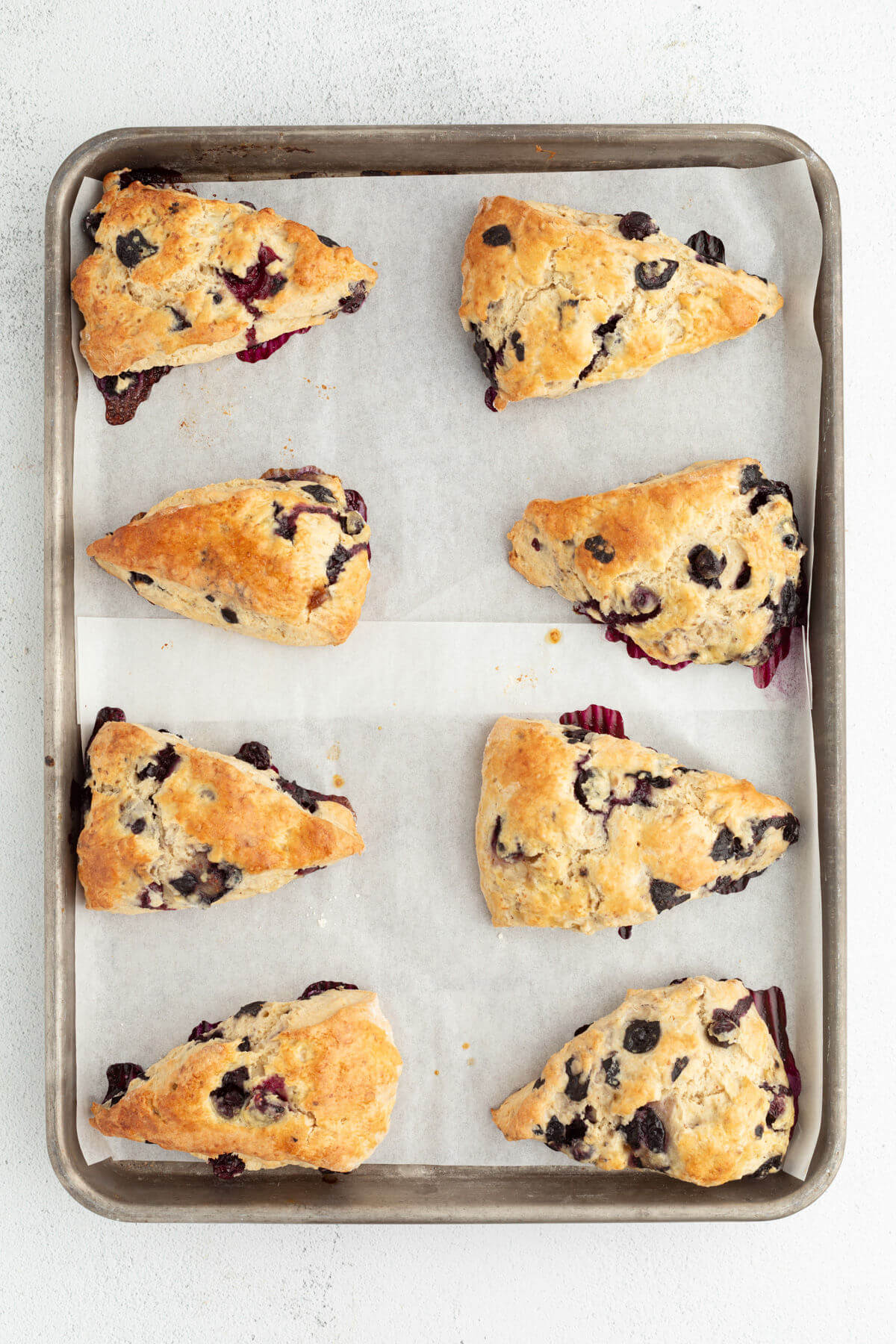 Pieces of sourdough blueberry scones neatly arranged on a baking sheet.