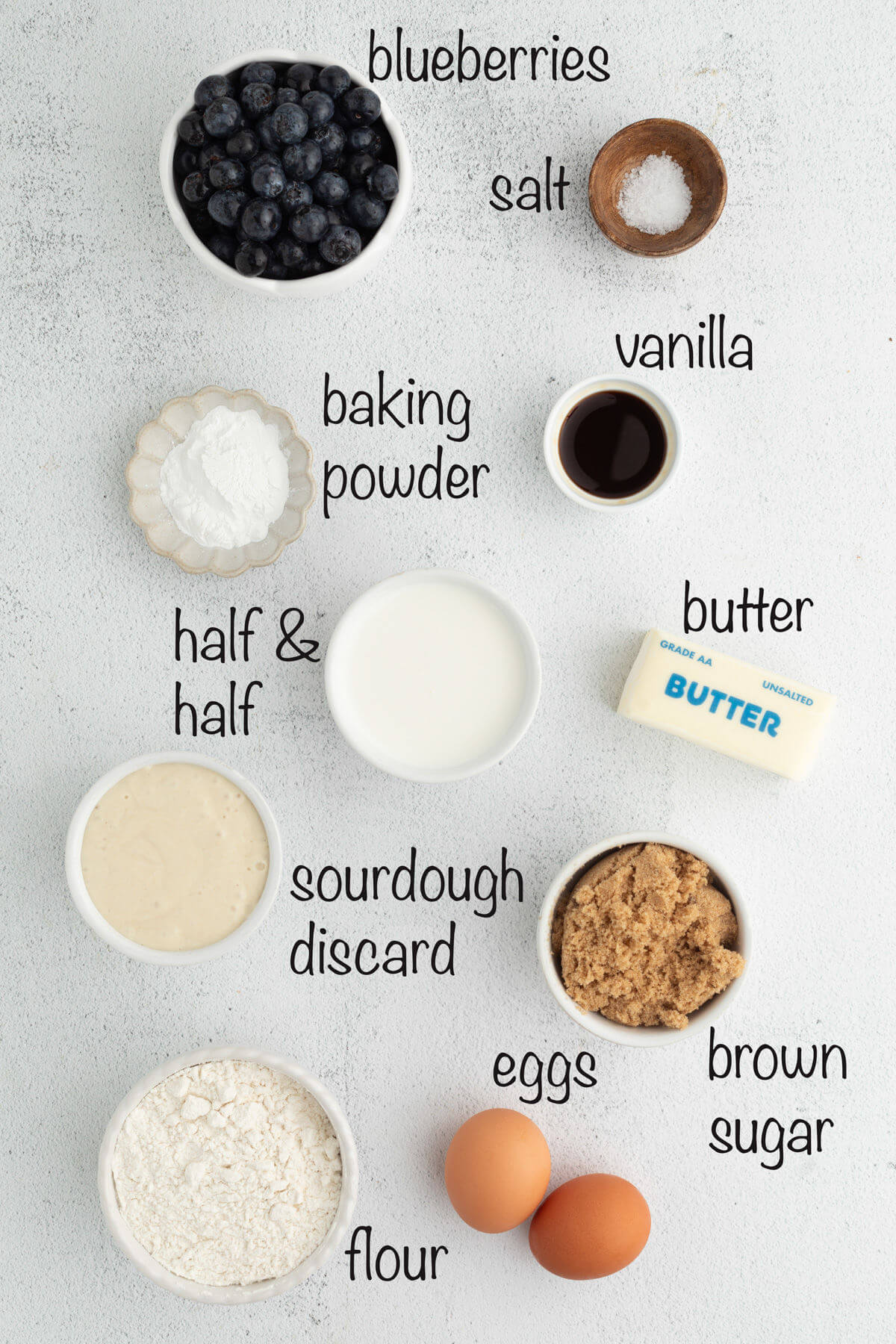 Ingredients used to make sourdough blueberry scones.