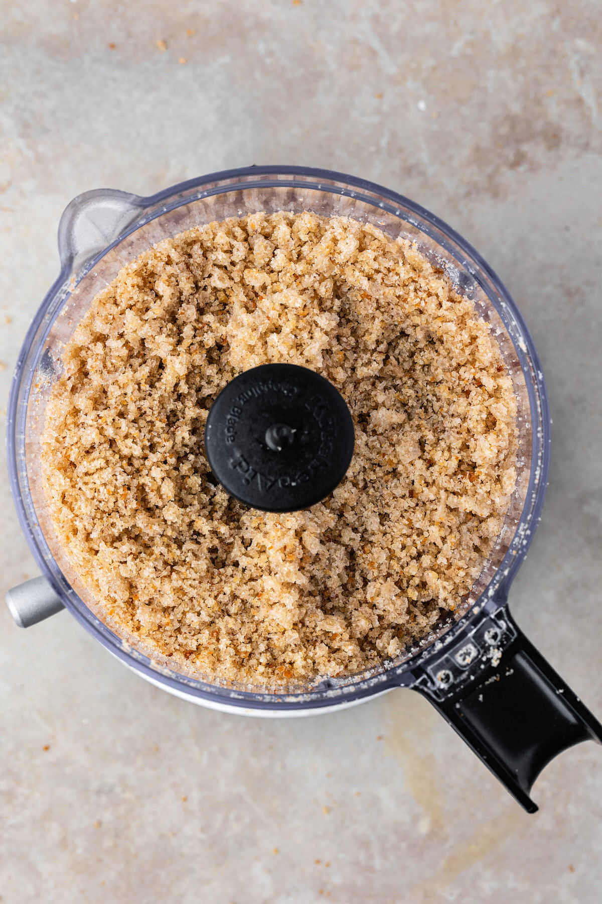 Sourdough breadcrumbs after being blended in a food processor.