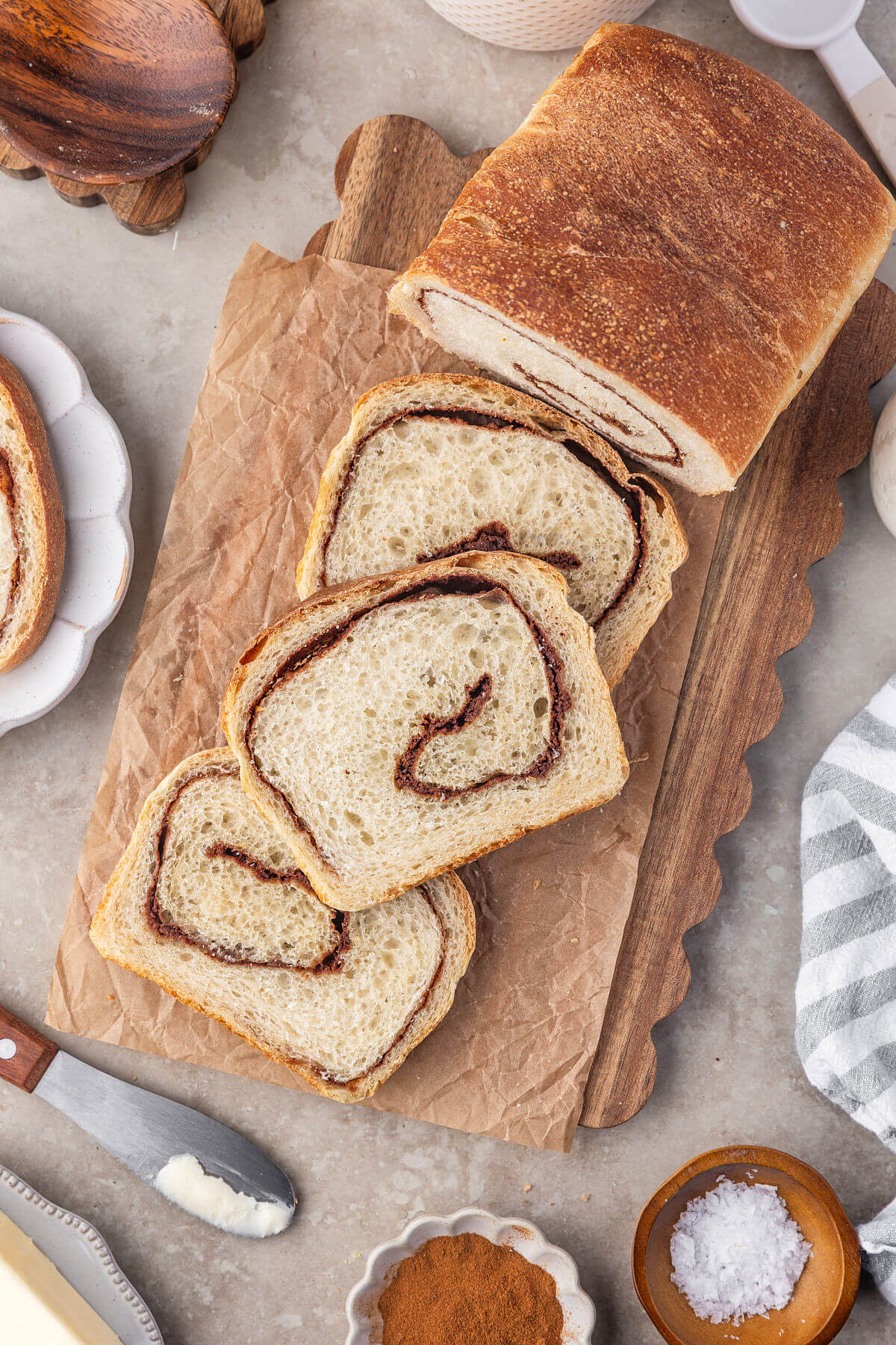 Sourdough cinnamon swirl bread cut into slices.