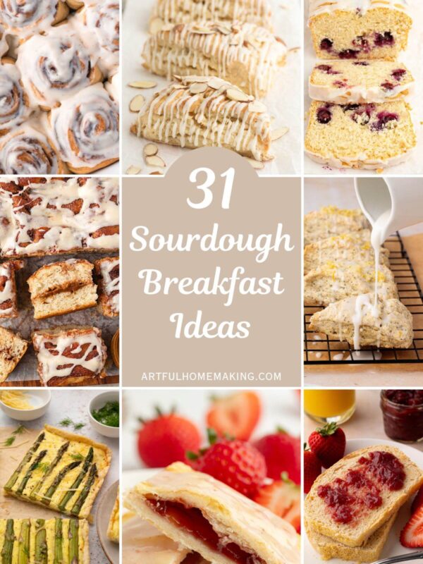 Collage of 8 photos showing 8 sourdough breakfast ideas.