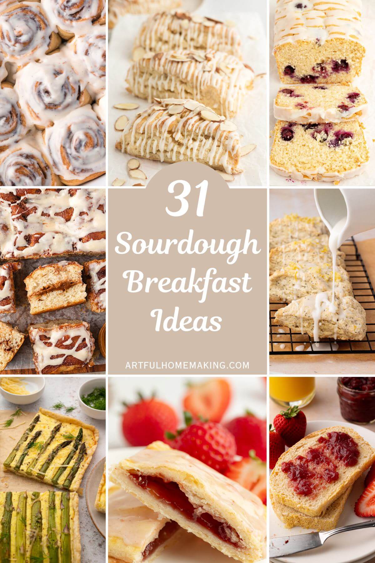 Collage of 8 photos showing 8 sourdough breakfast ideas.