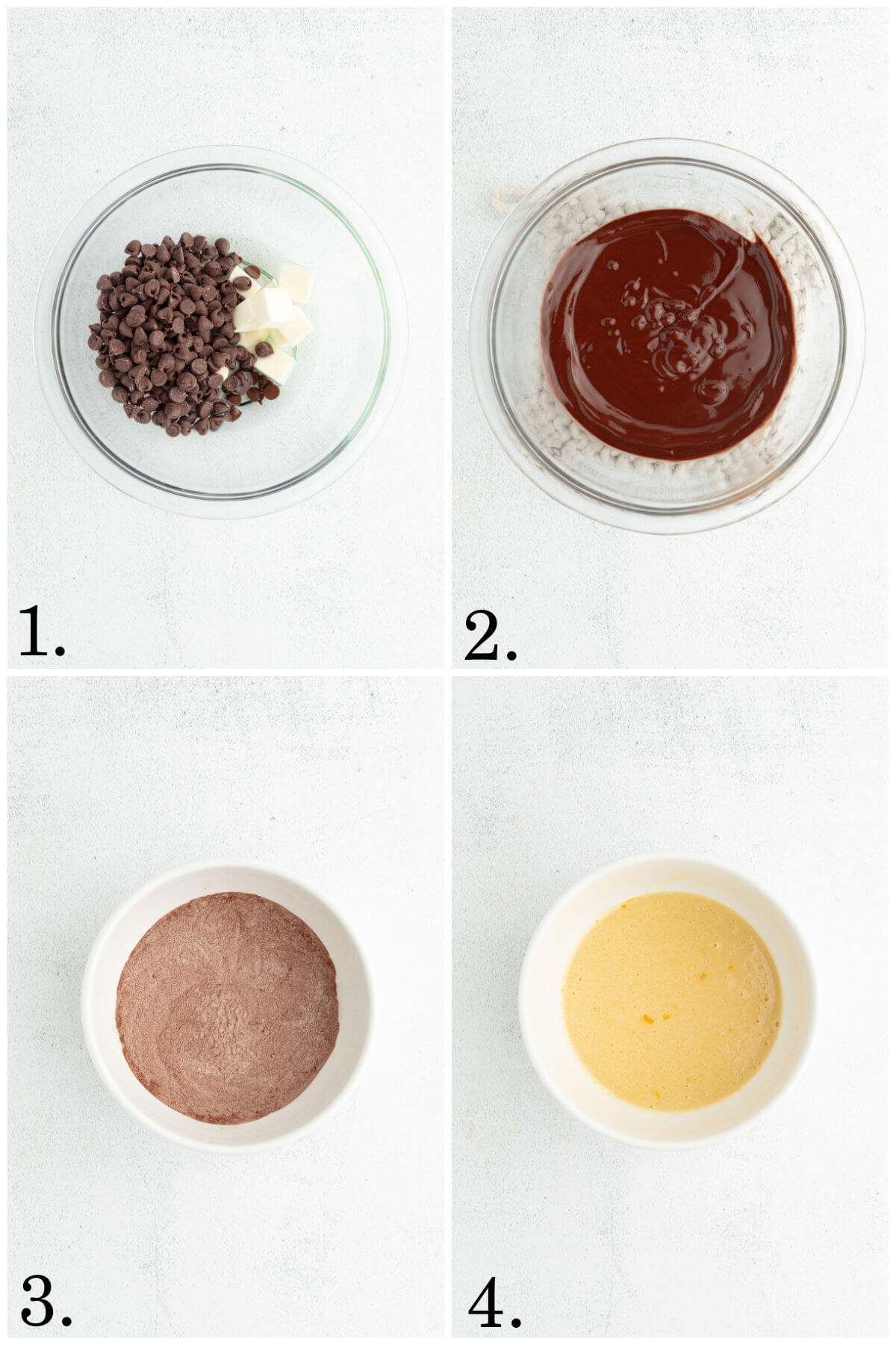 Collage of four photos showing steps 1-4 for how to make sourdough brownies.
