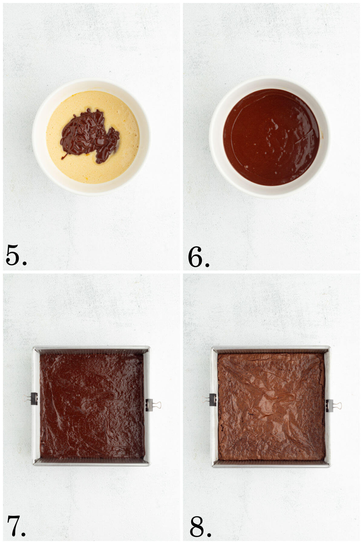 Collage of four photos showing steps 5-8 for how to make sourdough brownies.