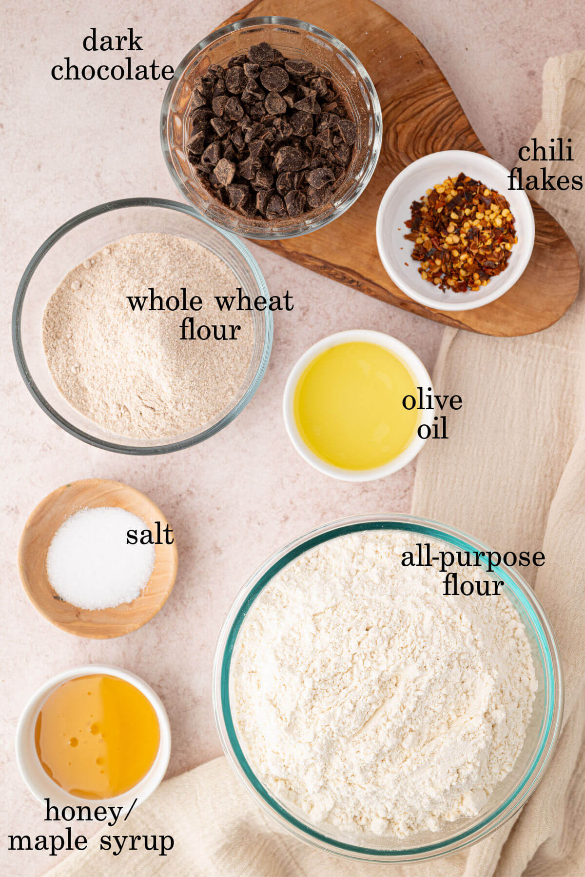 Sourdough chocolate chili bread ingredients in small bowls with text overlay labeling each ingredient.