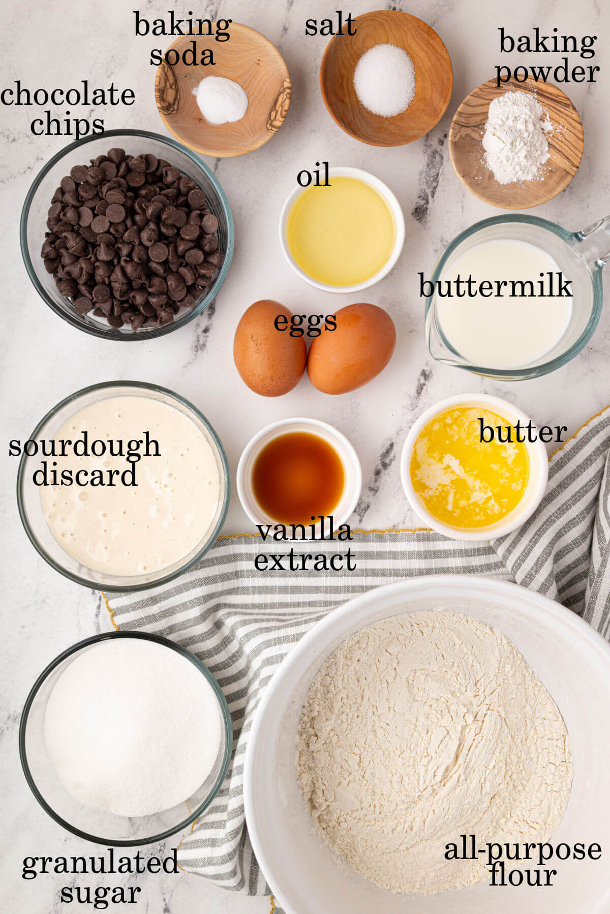 Ingredients used to make sourdough chocolate chip muffins.