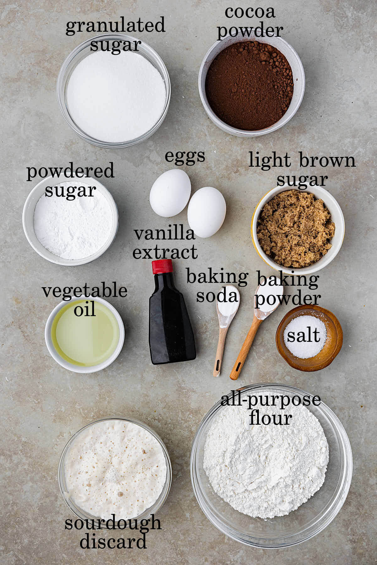 Ingredients for sourdough chocolate crinkle cookies.