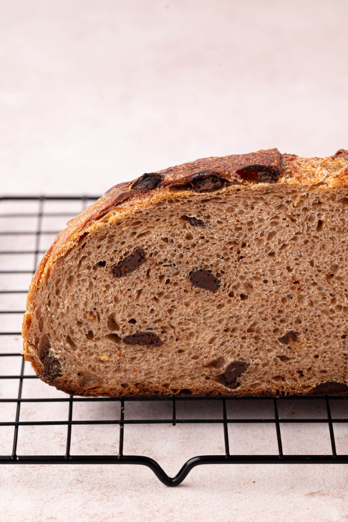 Crumb shot of sourdough chocolate chili bread.