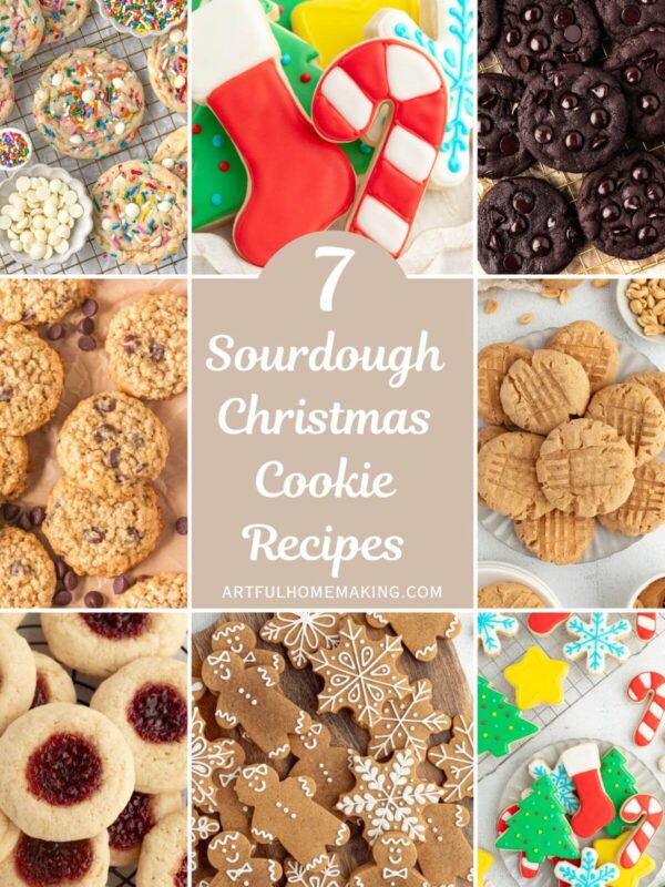 Collage of 8 photos showing sourdough Christmas cookie recipes.