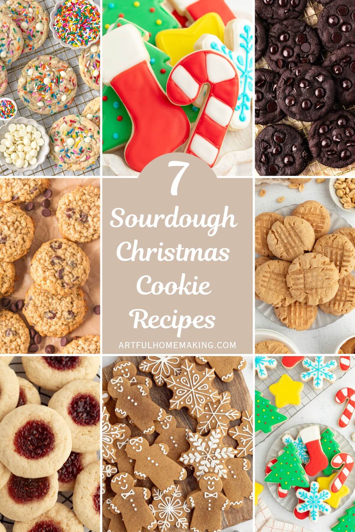 Collage of 8 photos showing sourdough Christmas cookie recipes.