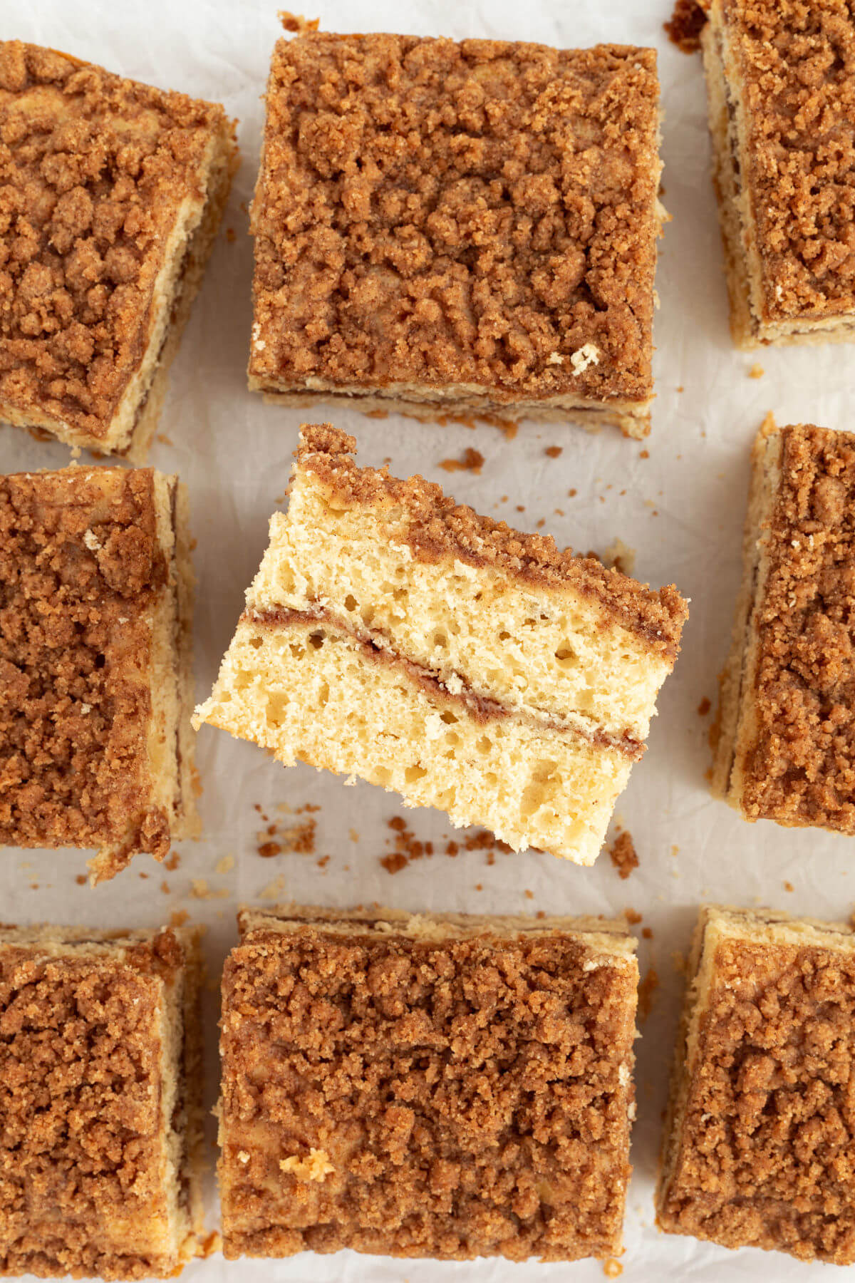 Sourdough coffee cake cut into squares.
